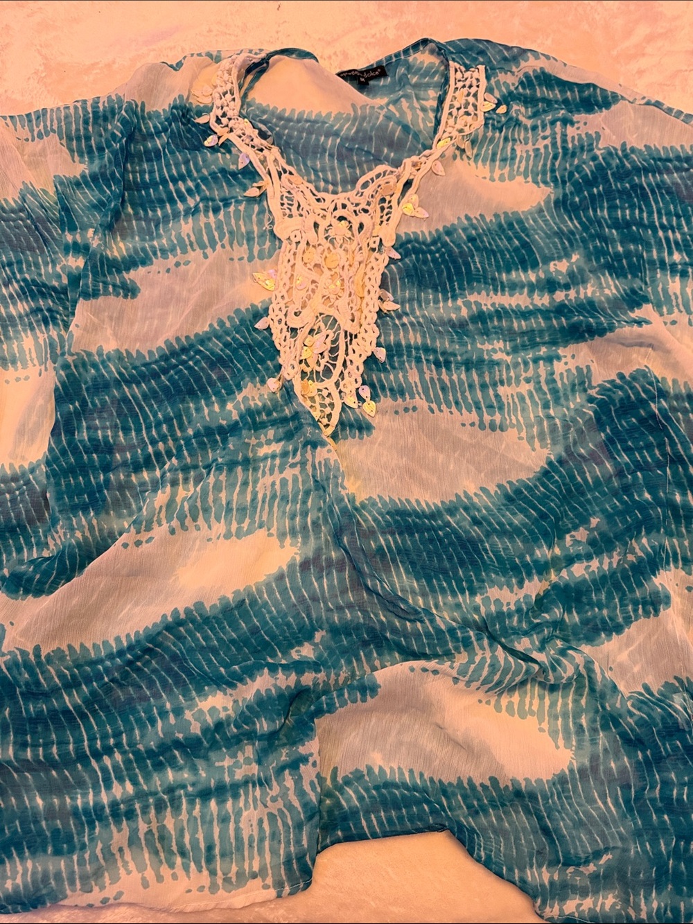 Blue Tie-Dye Swim Cover-Up with Crochet V-Neck